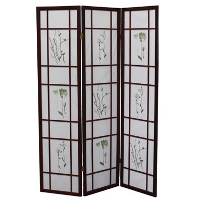 3 Screen Room Divider 70" High With Delicate Cherry Finish Tall In Floral Print