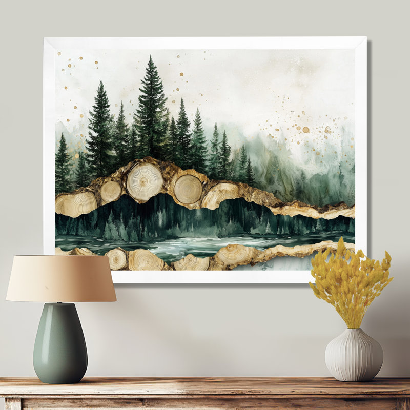 Arbre émeraude pin sur bois, glissade I - forêt, art mural grand, H 24 po x l 32 po, Cadre simple blanc