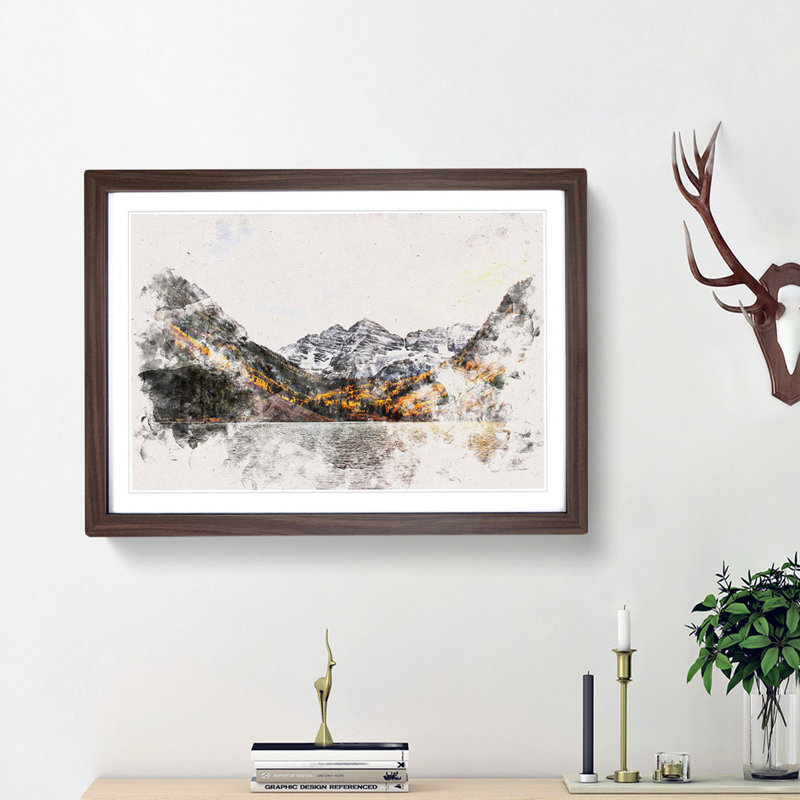 Maroon Bells Mountains in Colorado Watercolour - Picture Frame Graphic Art Print, 33cm H x 45cm W x 2cm D, Walnut Framed
