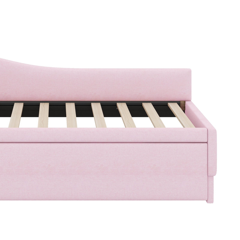Lit de jour simple tapissier en L rembourré en forme de L avec lit gigogne, Rose