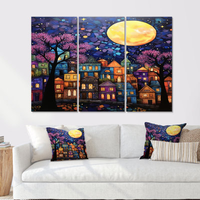 Pittoresque ville, arbres mauves colorés, pleine lune - ensemble d'art mural de bâtiments de la ville