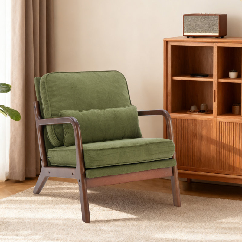 Upholstered Linen Blend Accent Chair with Wooden Legs and Lumbar Pillow, Green