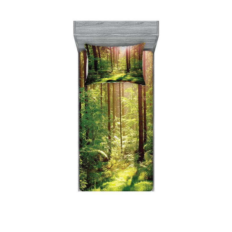 Drap-housse et coussin décoratif Ambesonne Forest, vert / brun, Ensemble de draps pour lit simple TG + 2 taies d'o
