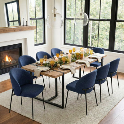 78.7" Industrial Wood Dining Table Set For 8 With Upholstered Curved Back Chairs