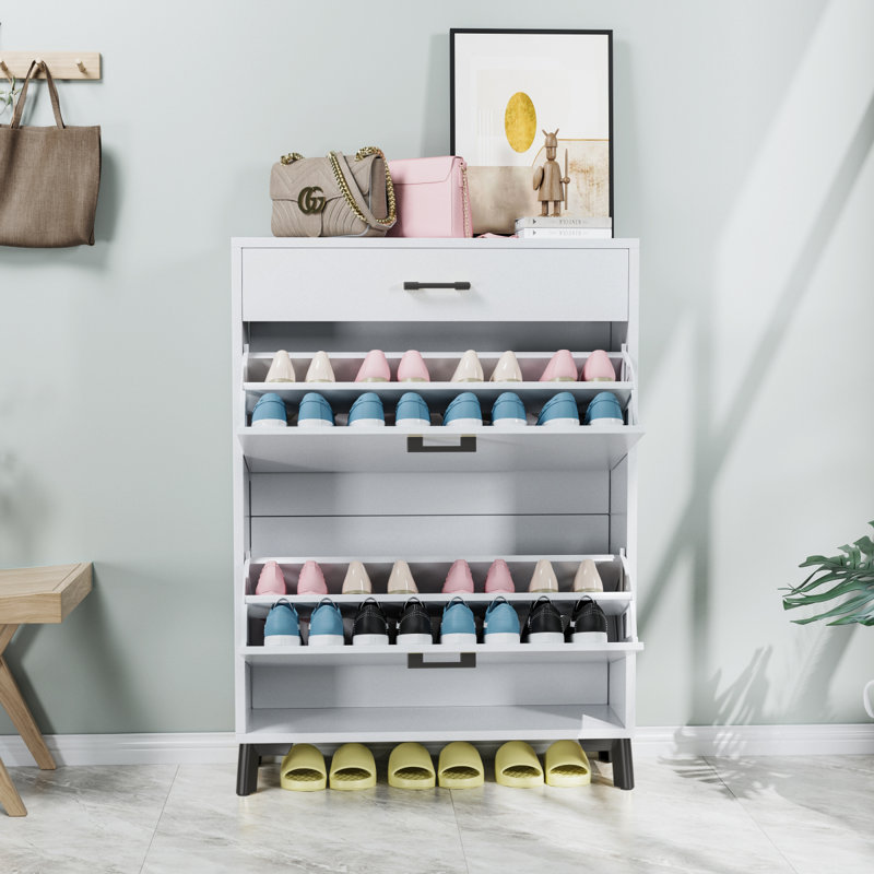Shoe Storage Cabinet For Entryway, Free Standing Shoe Organizer With 2 Flip Drawers, Hidden Shoe Rack Storage Organizer For Doorway Hallway Closet, White