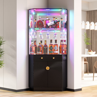 Corner Bar Cabinet With Led Lights And Human Body Sensor, 70.9" Tall Wine Cabinet Liquor Stand With Glass Holder And Tempered Glass Door by Wade Logan
