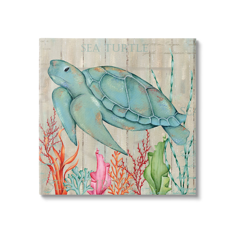 Rustic Sea Turtle Canvas Wall Art with Coral Design, 17 x 17