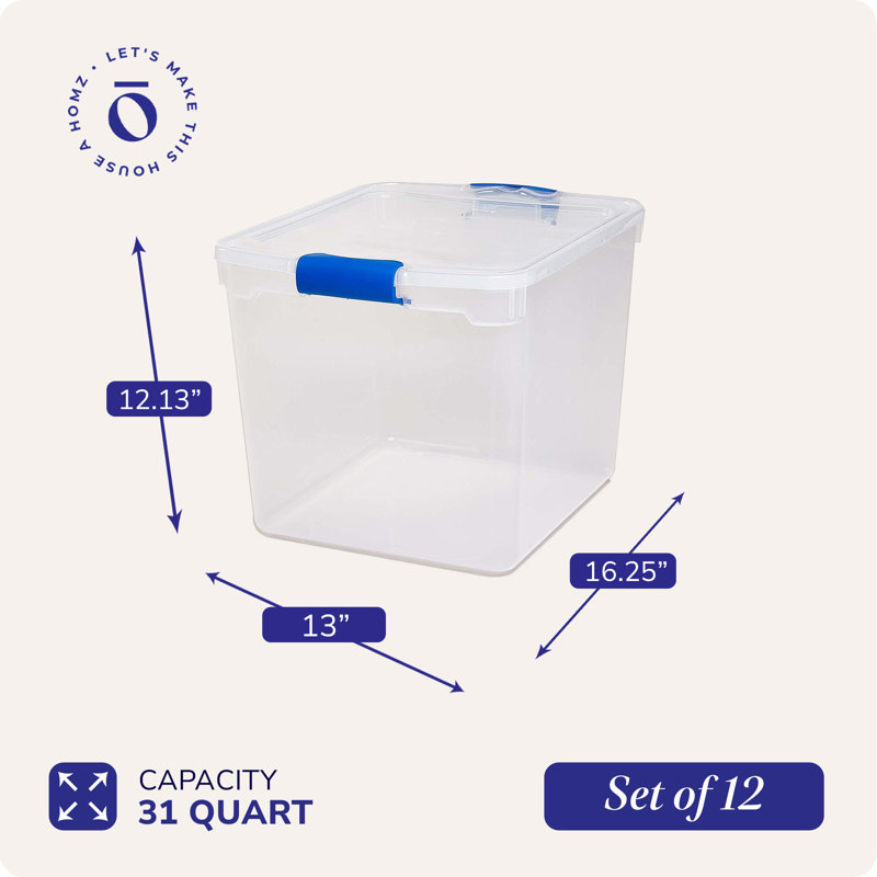 Homz Storage Organizing Container Bin with Latching Lids, 31 quart, 12, Blue/Clear