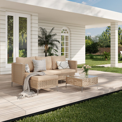 3 Piece Patio Furniture Set (yellow/beige) Manual Rattan For Outdoor, Lawn, Backyard