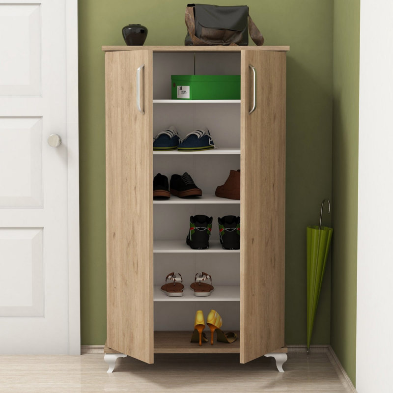 Range-chaussures traditionnel, couleur noyer, 28,3 po x 47,2 po x 12,8 po | 100% panneau de particules enduit de mélamine, épaisseur: 0,7 pouce | Nombreuses tablettes, conception murale, parfaites pour les entrées et les espaces de vie organisés