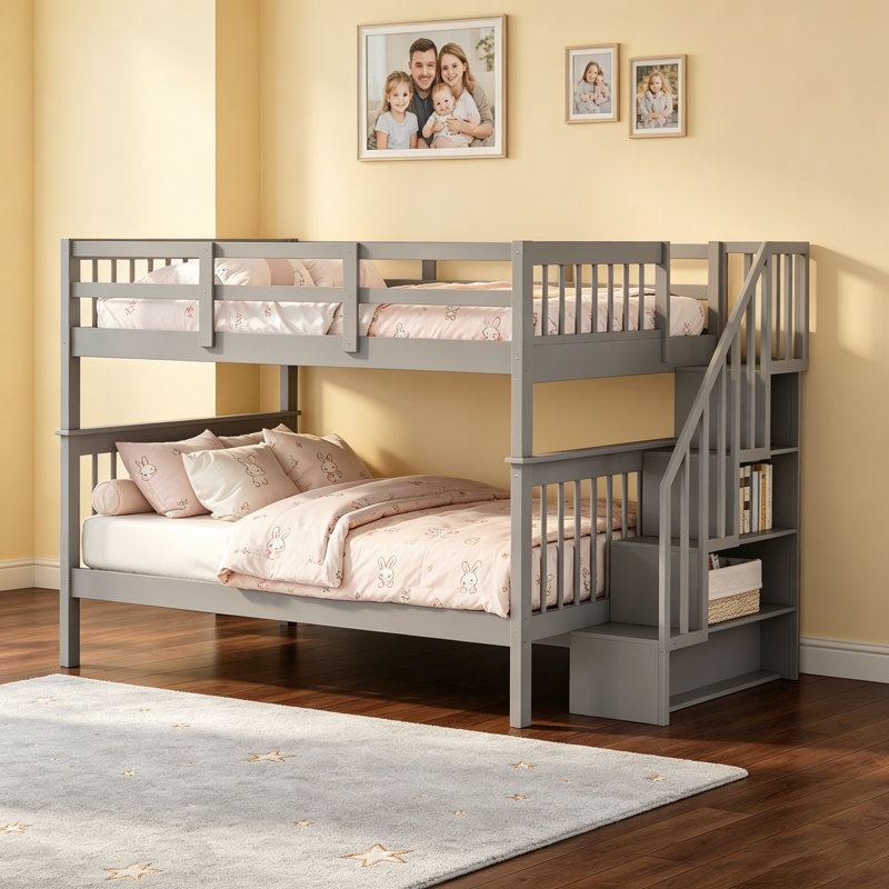 Lit superposé double avec escalier avec rangement et barrière de sécurité pour chambres à coucher et dortoirs, gris, Drawers