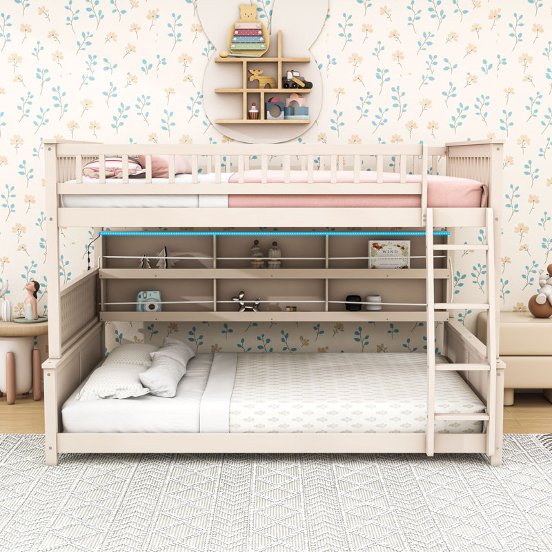 Bunk Bed with Shelving, Color-Changing Lights and Pegboard, Beige, Full XL Over Queen