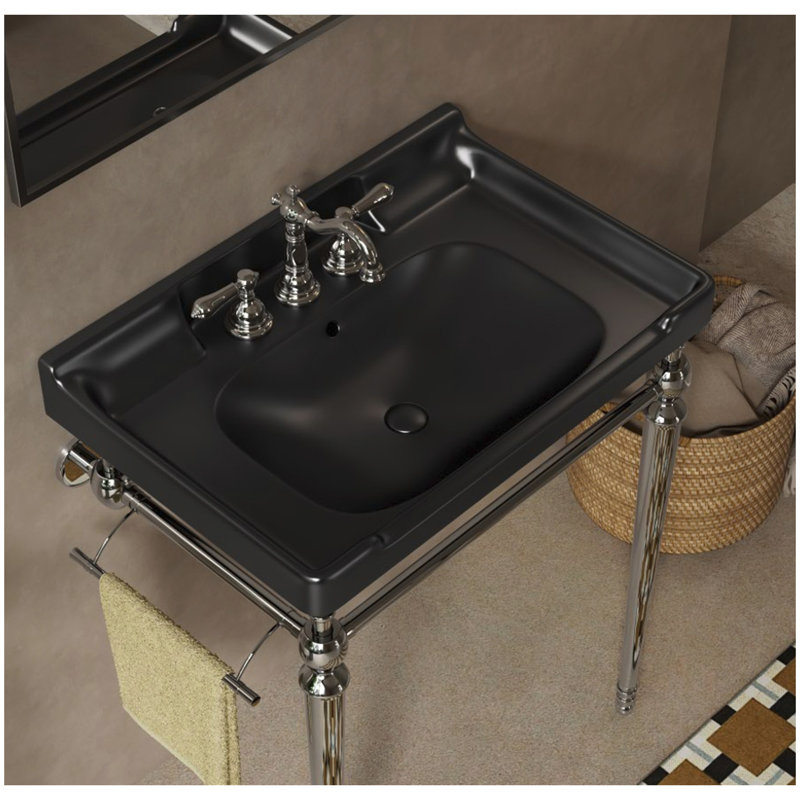 Lavabo de salle de bain en céramique 28 po avec 3 trous pré-percés, sans armoire et robinet, noir, Noir