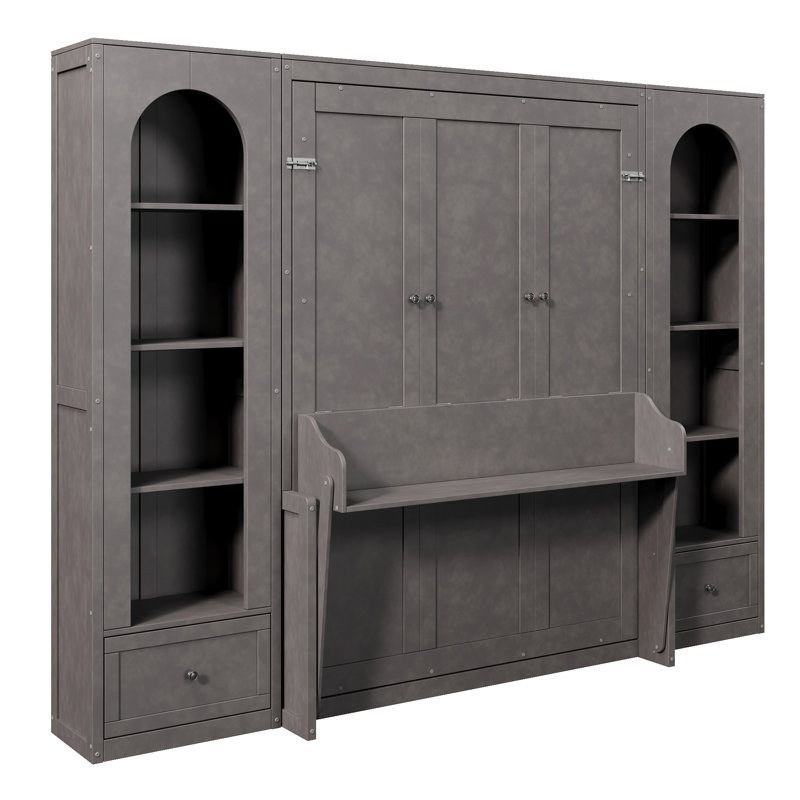 Grand lit escamotable avec armoires de rangement, tiroirs et lumières DEL - Lit mural de style français avec tablette de bureau - Blanc / noir