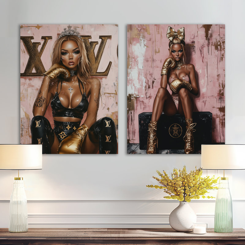 «Blonde Boss Girl Fashion Addict I», ensemble de 2 reproductions d'art murales modernes en métal, 32" H x 48" W