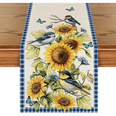 Spring Table Runner With Buffalo Plaid, Birds, Butterflies & Sunflowers – Multicolor – Seasonal Fabric Table Décor