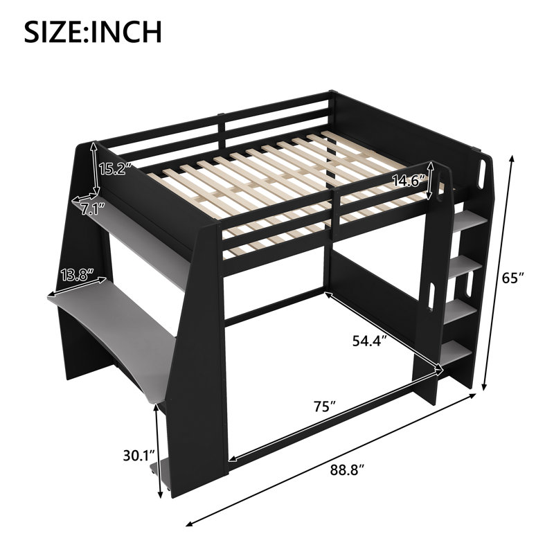 Lit superposé double pleine grandeur avec bureau, tablettes de rangement, lit mezzanine USB et à DEL, noir, Noir