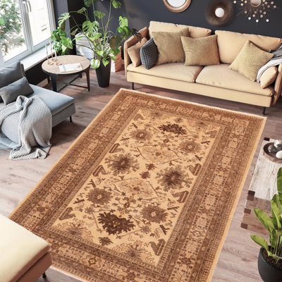 Tapis beige rectangulaire en laine noué à la main 6 pi 2 po x 8 pi 9 po Baccio