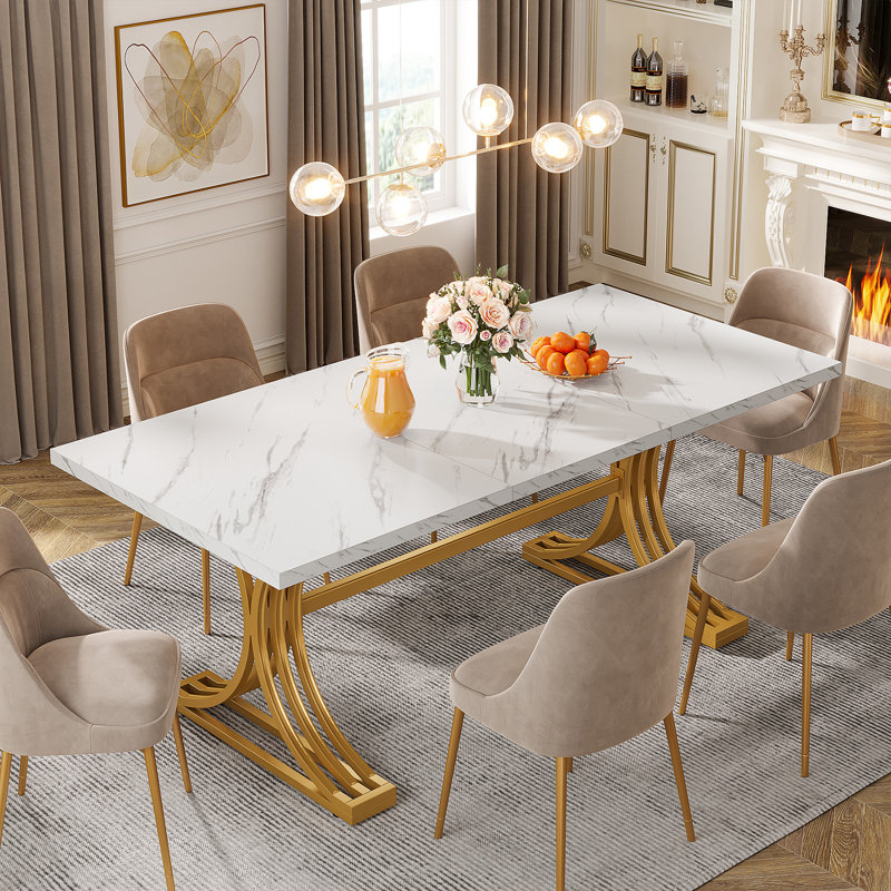 Dining Table, Rectangular, Metal Base, 63 Inch, White Marble, Gold