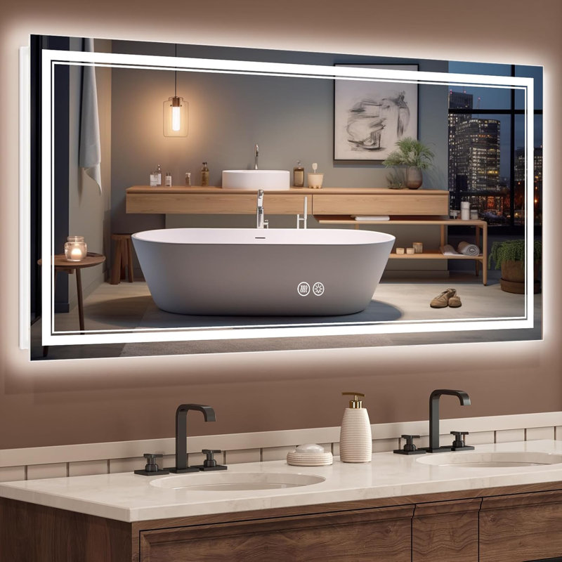High brightness intelligent defog dimmable memory function LED bathroom mirror easy to install, 72.1" x 39.8"