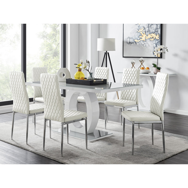 Scottsmoor High Gloss Halo Dining Table Set & 6 Luxury Faux Leather Dining Chairs - Modern Design, White, Silver