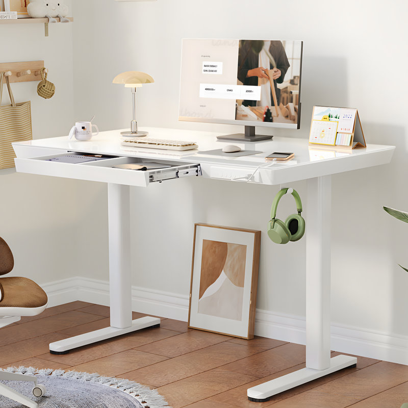 Tempered Glass Top Height Adjustable Standing Desk, Computer Desk with Drawer and USB Charge, White, 46.5" H x 48" W x 24" D