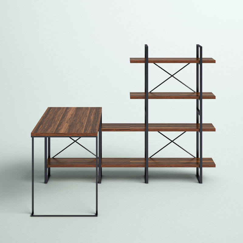 Antique Wood and Black Metal L-Shaped Writing Desk with Shelves
