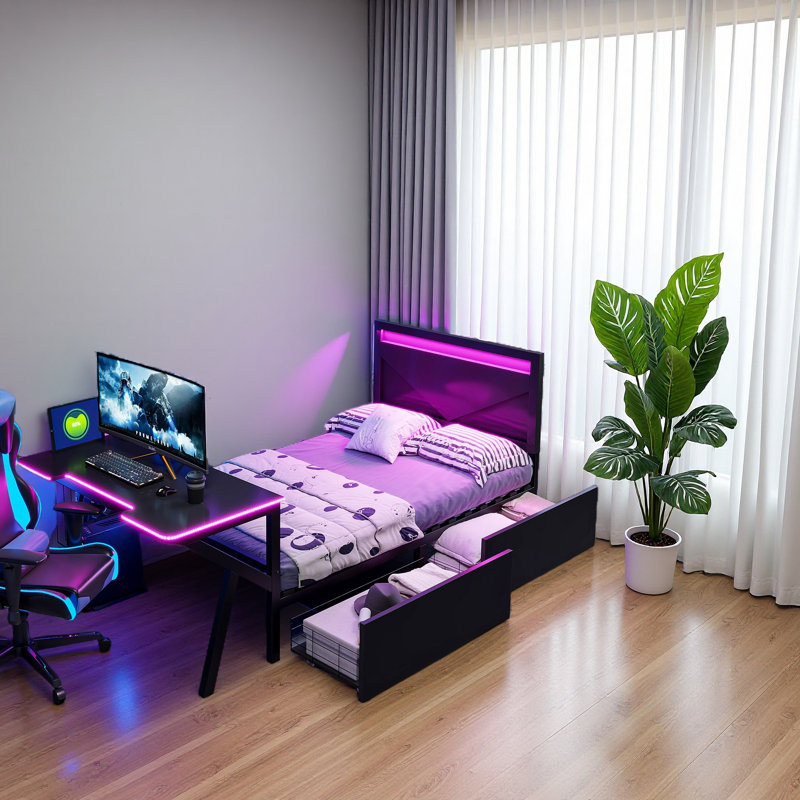 Lit plateforme en métal avec tête de lit à DEL, bureau à DEL, USB et deux tiroirs de rangement, Lit simple