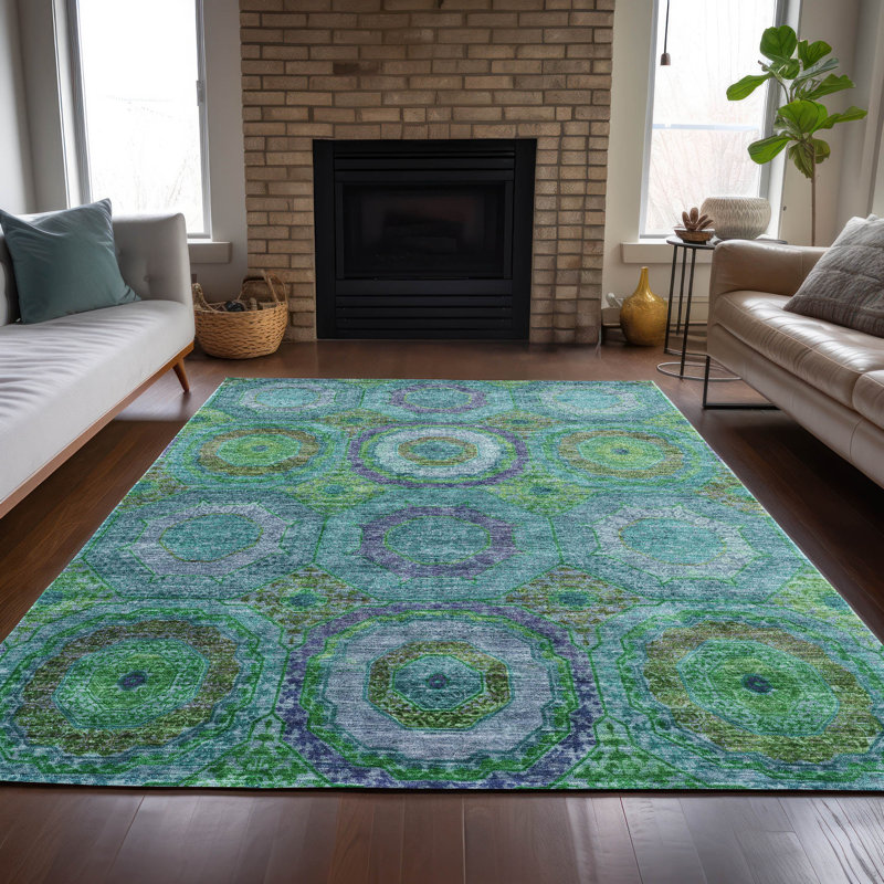 Machine Washable Indoor/Outdoor Xhevrie Teal Rug, Rectangle 9' x 12'
