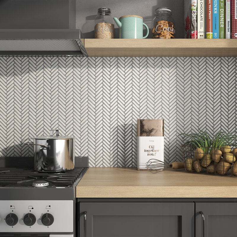 Glossy Antique White  12x12 Herringbone Mosaic Tile for Kitchen Backsplash & Bathroom Wall, Antique White