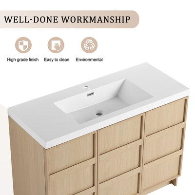 Meuble-lavabo autoportant 48 po avec lavabo en résine et 3 portes d'armoire à fermeture en douceur, contreplaqué, chêne Dune (KD-PACKING)