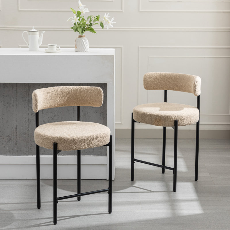 Beige Bouclé Upholstered Counter Stools with Metal Frame, Set of 4