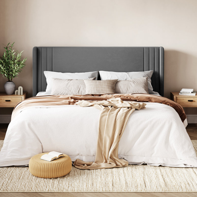 Low-Profile Velvet Upholstered Platform Bed with Wingbacks, Light Gray, King