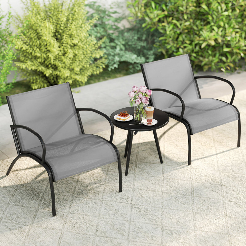 3 Piece Patio Chair Set Metal Aluminum Wide Armchair & Table Set-Grey