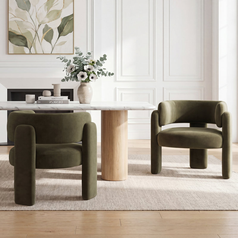 Velvet Upholstered Barrel Dining Armchair, Green