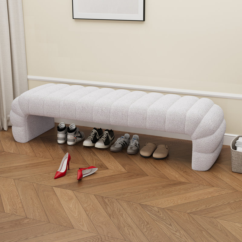 Modern  Chenille Upholstered Bed Bench,channel Tufted Ottoman, Ivory