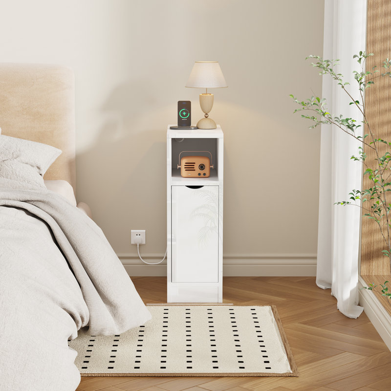 20 cm W Bedside Table, White High Gloss Door