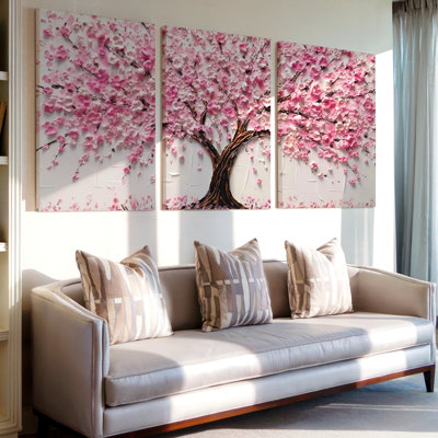 3 Pieces Stunning Large Wall Art with Cherry Blossom Tree in Pink Textured Floral, Three Pieces Wall Art for Living Room, Bedroom, and Office Decor