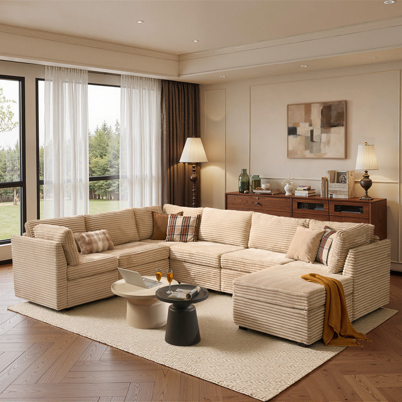 Nathasa 7-Piece Upholstered Corduroy Sectional, Beige Corduroy