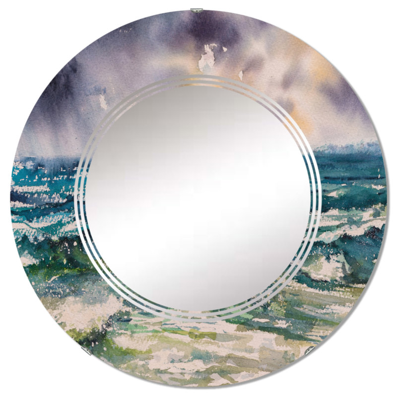 Vagues de mer et ciel dramatique - miroir mural nautique et côtier rond, 24 po x 24 po