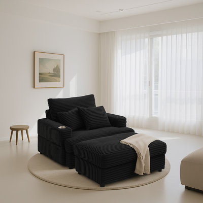 Fauteuil surdimensionné en velours côtelé avec repose-pieds et porte-gobelet intégré, chaise longue moelleuse avec coussins, siège large et rangement profond