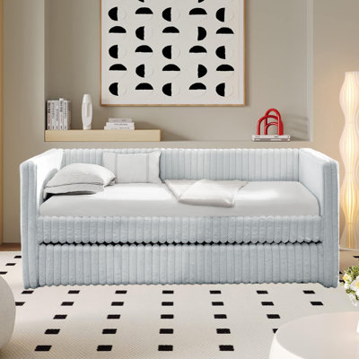 , Upholstered Day Bed Frame With Backrest And Wood Slat Support