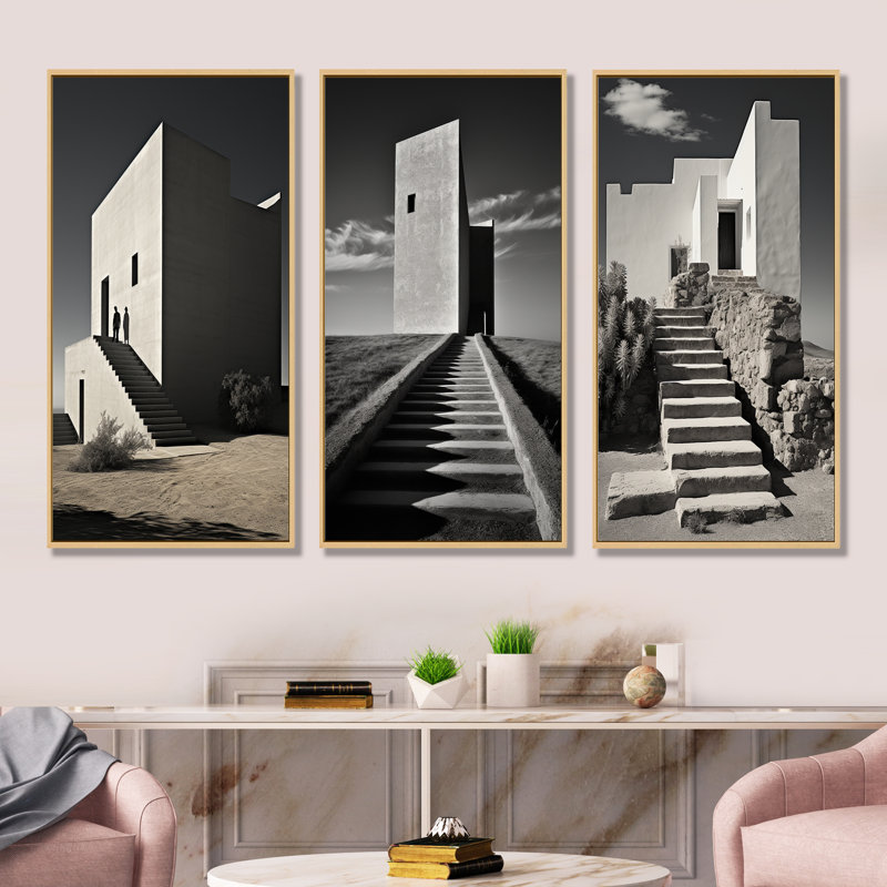 Ensemble de 3 photos murales noir et blanc, H 28 po x l 36 po, Cadre flottant brun
