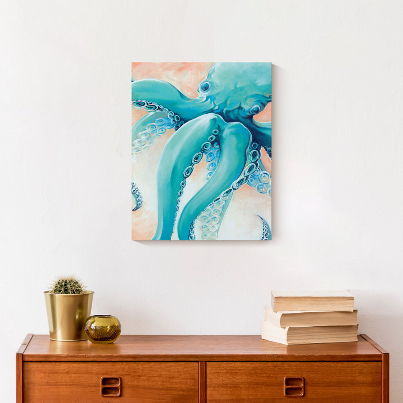 Pieuvre bleue sur toile, H 14 po x l 11 po x P 1,25 po
