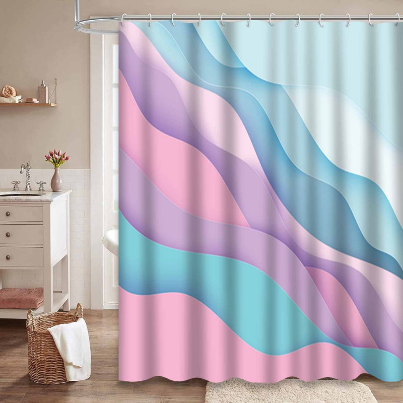 Rideau de douche imperméable à motif abstrait en forme de vague et origami avec 12 crochets, L 72 po x l 84 po