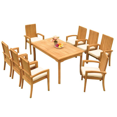6 Seats 7 Pcs Grade-A Teak Wood Dining Set: 60" Rectangle Table And 6 Goa Stackng Arm Chairs #71Go0607