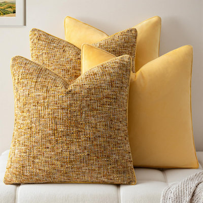 Ensemble de 4 housses de coussin jaune vif - ensemble en chenille et velours avec passepoil, taies d'oreiller de style maison de campagne texturé pour canapé-lit (20 po x 20 po, sans insert)