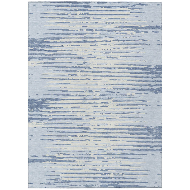 Tapis intérieur lavable rayé bleu ciel et ivoire 5 pi x 8 pi