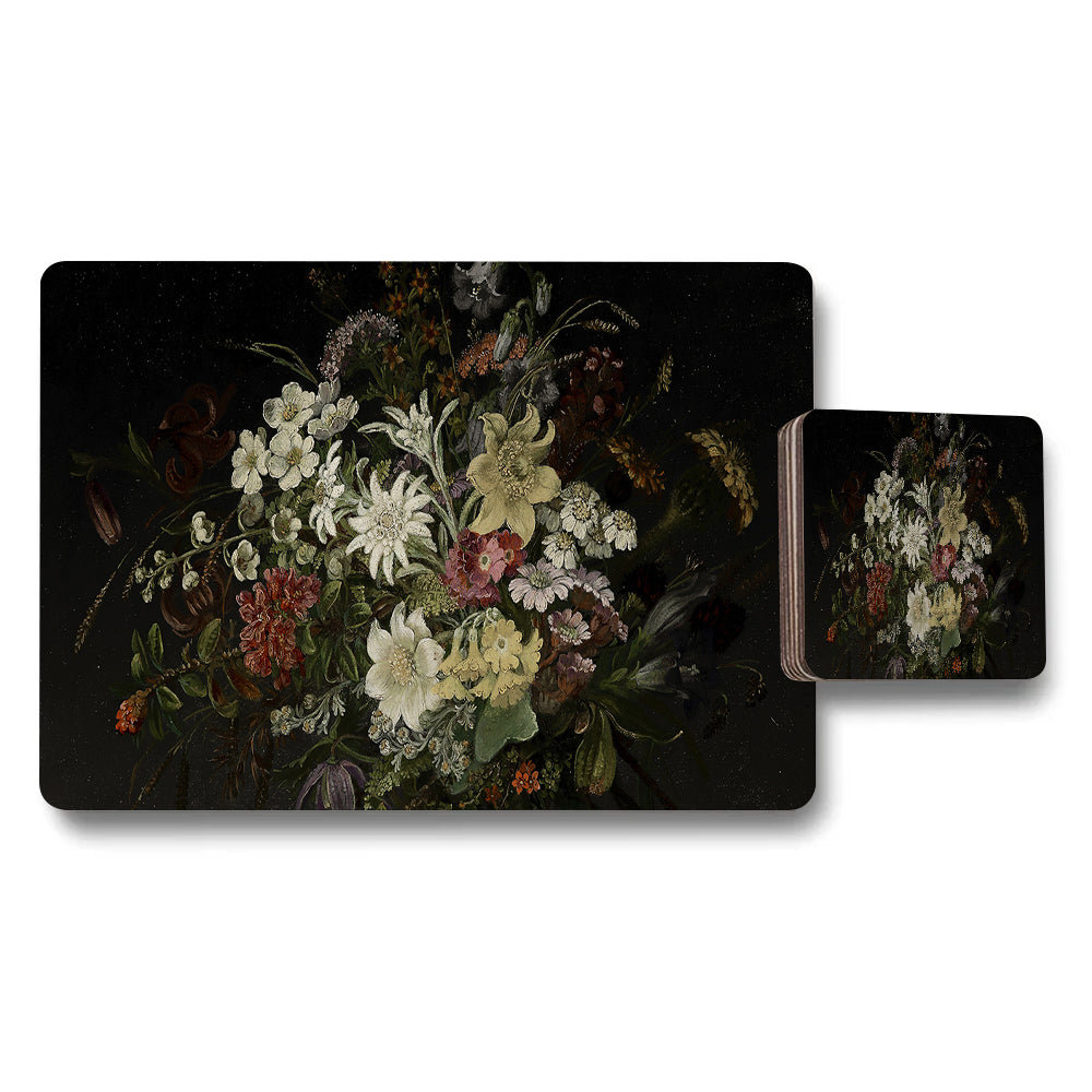 Floral Placemats and Coasters Set With Dark Bouquet Artwork