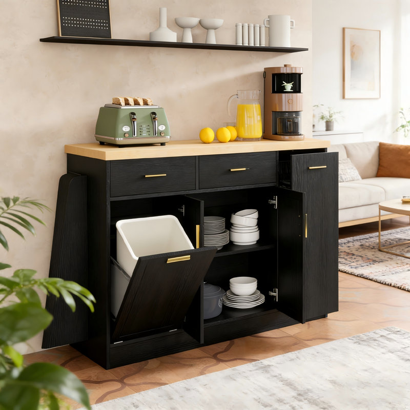 Multi-Functional Storage Sideboard with Hidden Trash Cabinet, Sliding Door Storage, and 3-Tier Spice Rack – Premium Kitchen Island Table for Kitchen, Dining Room, or Entertaining Spaces